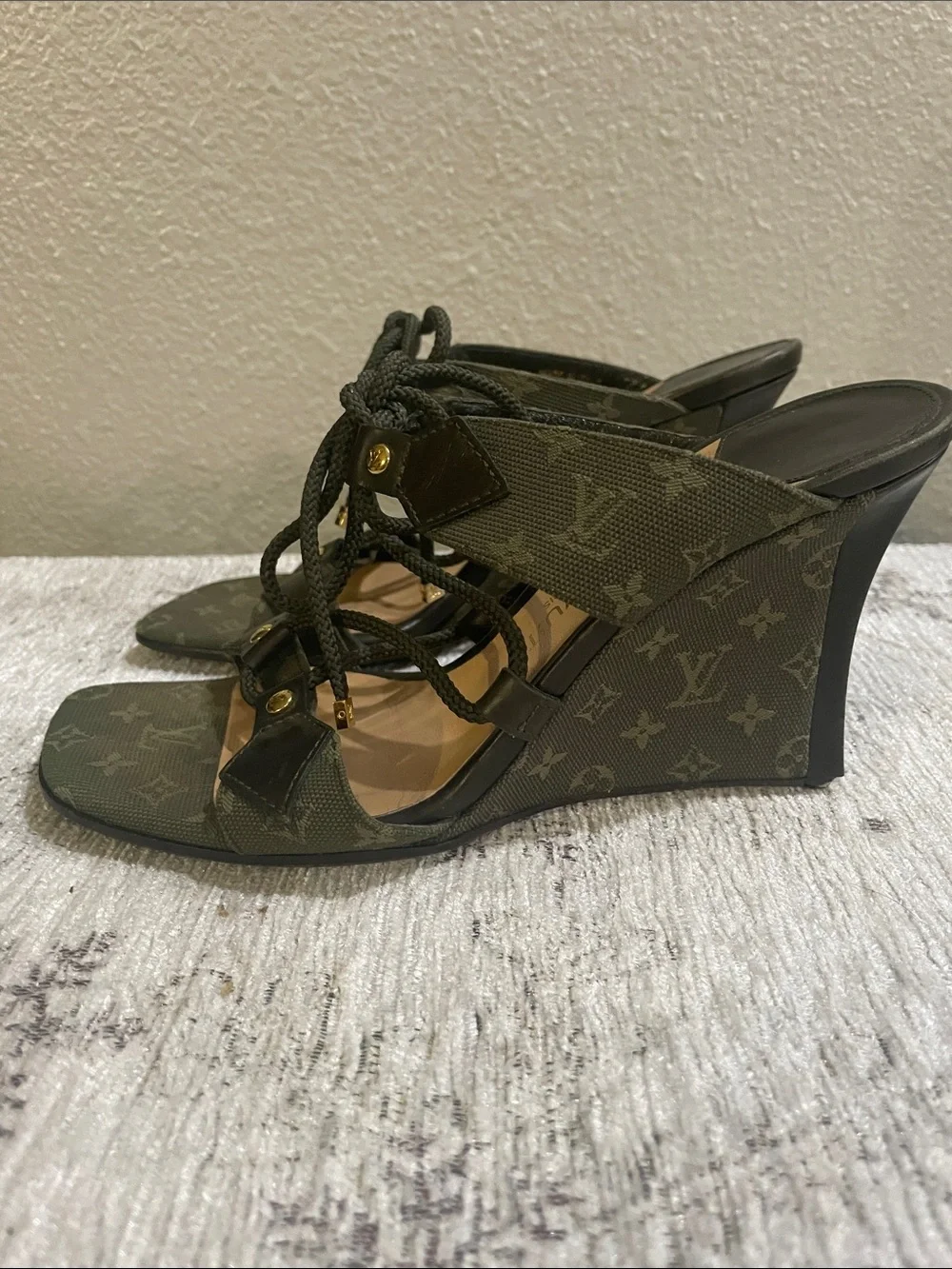 Louis Vuitton Olive Monogram Lace-Up Wedge Sandals with Gold Accents